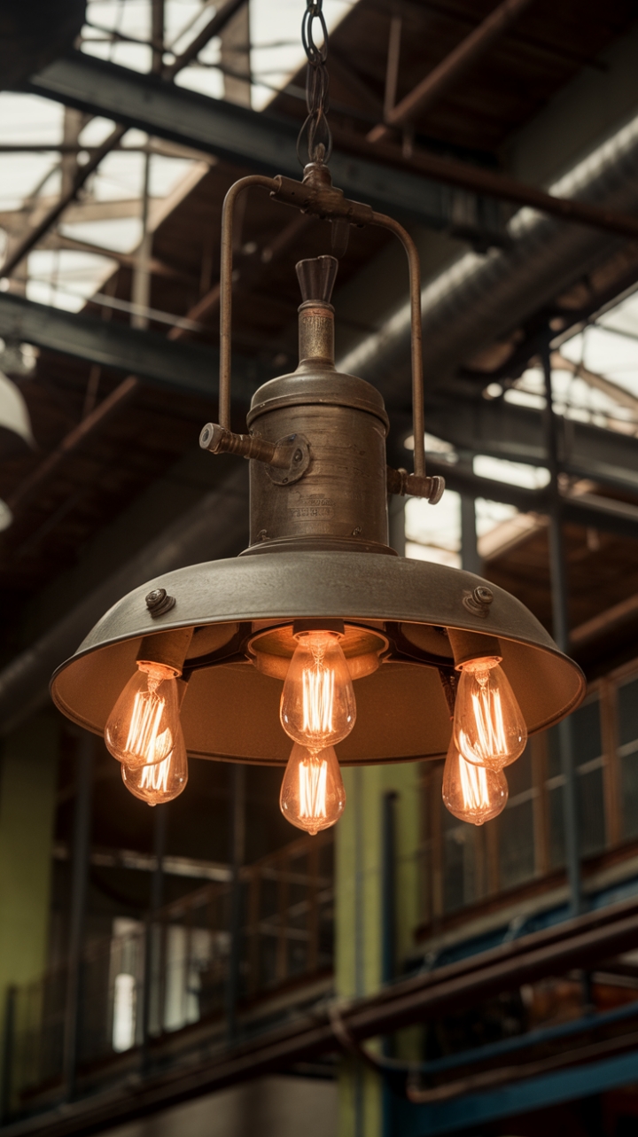 Imagine this stunning vintage industrial lamp, a masterpiece of metal and light, casting its warm glow over your living space. The multiple exposed bulbs create a captivating ambiance, perfectly complementing the exposed pipes and machinery for a truly unique steampunk aesthetic.