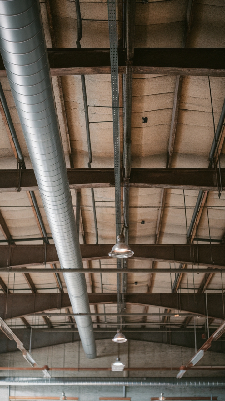 Ready to unleash your inner urbanite? This raw, industrial ceiling—a symphony of exposed beams, vintage metalwork, and textured concrete—is the ultimate statement piece, whispering tales of a bygone era while adding undeniable character to any space. Its rugged charm is both captivating and surprisingly versatile, promising a design adventure as unique as you are.