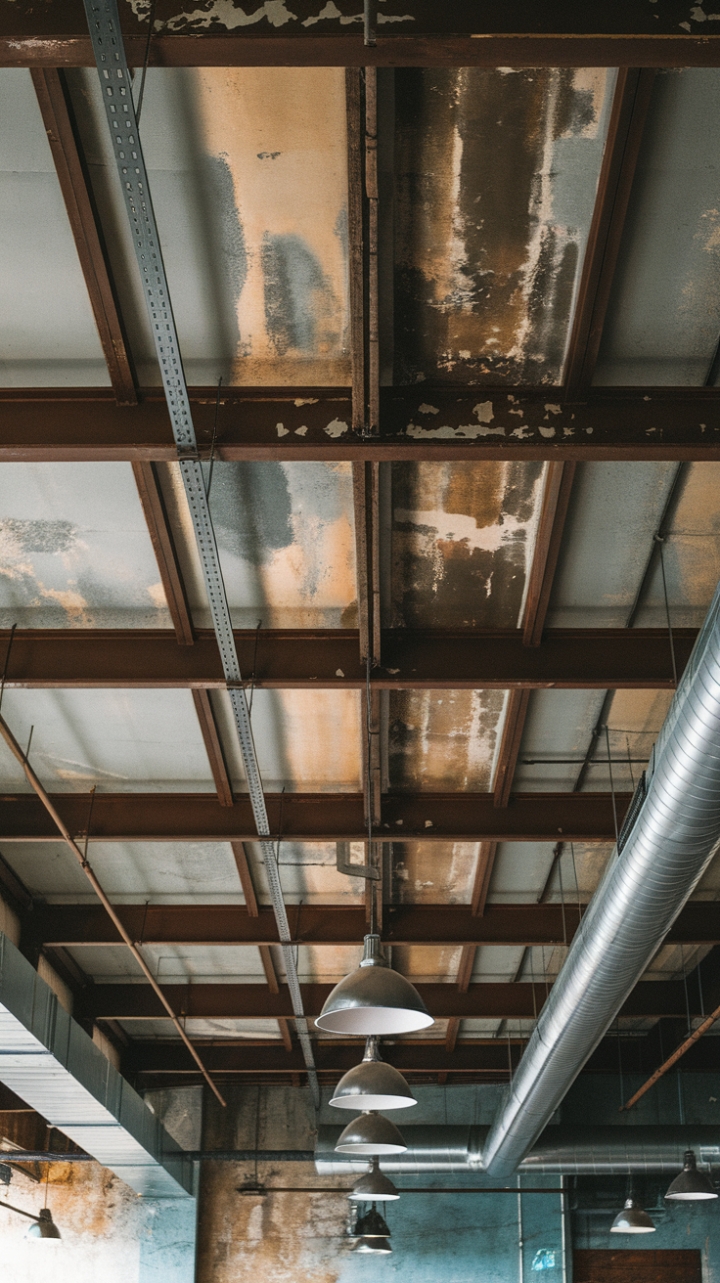 Fall head over heels for this breathtaking loft ceiling! The exposed ductwork, aged metal, and textured concrete create an irresistible blend of rugged beauty and refined sophistication. This isn't just a ceiling; it's a captivating work of art, ready to anchor your design dreams.
