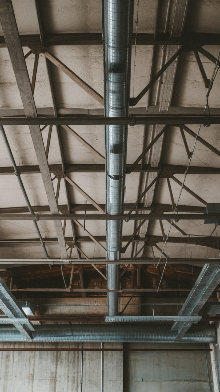 Exposed beams, ductwork, and a touch of vintage grit—this ceiling isn't just overhead; it's a breathtaking work of art, breathing character and history into any space. Let its raw beauty inspire your next design adventure.