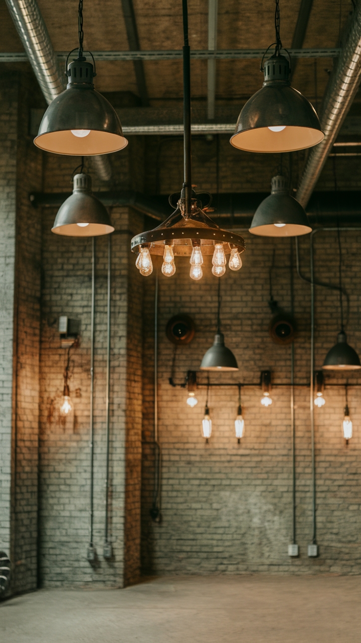 Unleash your inner urbanite. This industrial haven boasts a symphony of lighting: metal pendants, a statement chandelier, and strategically placed task lights illuminate the textured brick walls and polished concrete floor. A space where raw beauty reigns supreme.