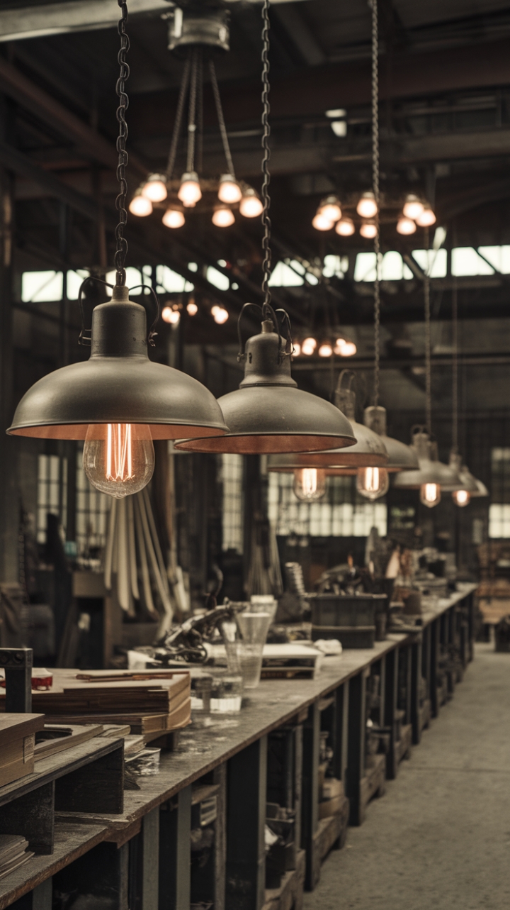 Ready to unleash your inner artist in a space that's as raw as it is inspiring? Vintage metal pendants cast a warm glow over a workbench brimming with creative chaos, all set against a backdrop of industrial-chic chandeliers and cool concrete. The perfect blend of rugged charm and functional beauty.