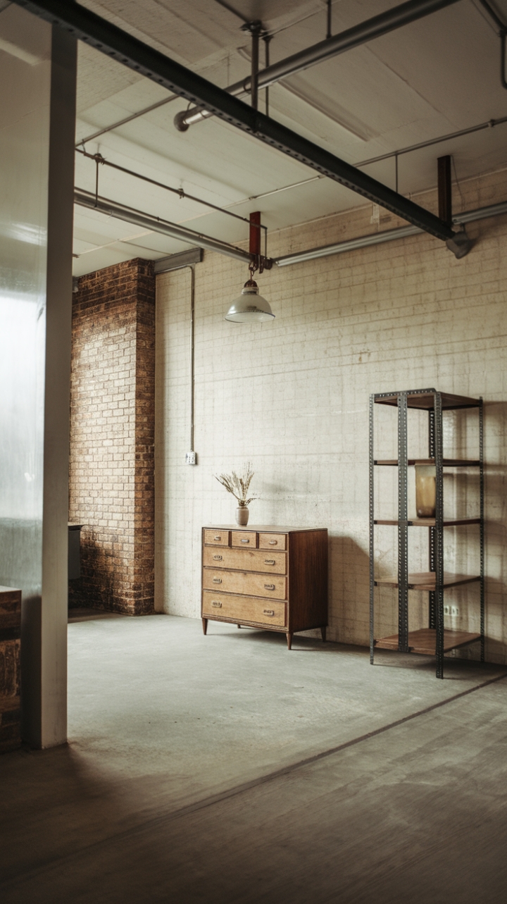 High ceilings and raw materials define this industrial haven, where a vintage dresser anchors the space with unexpected warmth. Metal accents punctuate the minimalist aesthetic, creating a sophisticated urban sanctuary that's both edgy and inviting. The open floor plan allows the beauty of the exposed brick and concrete to truly shine.