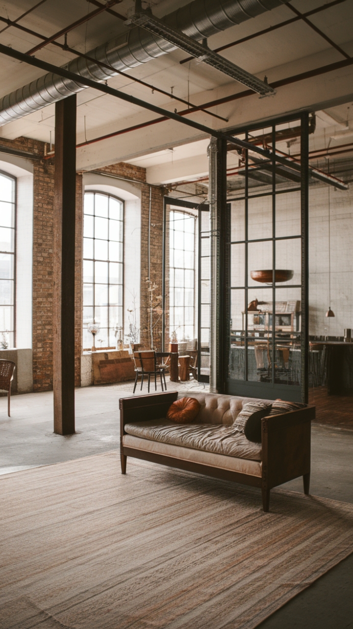 High ceilings and an open floor plan define this industrial haven, where exposed brick and metal are softened by a neutral palette and a touch of vintage charm. A simple wooden couch and a large area rug anchor the space, creating an unexpectedly inviting atmosphere in this raw, urban setting.