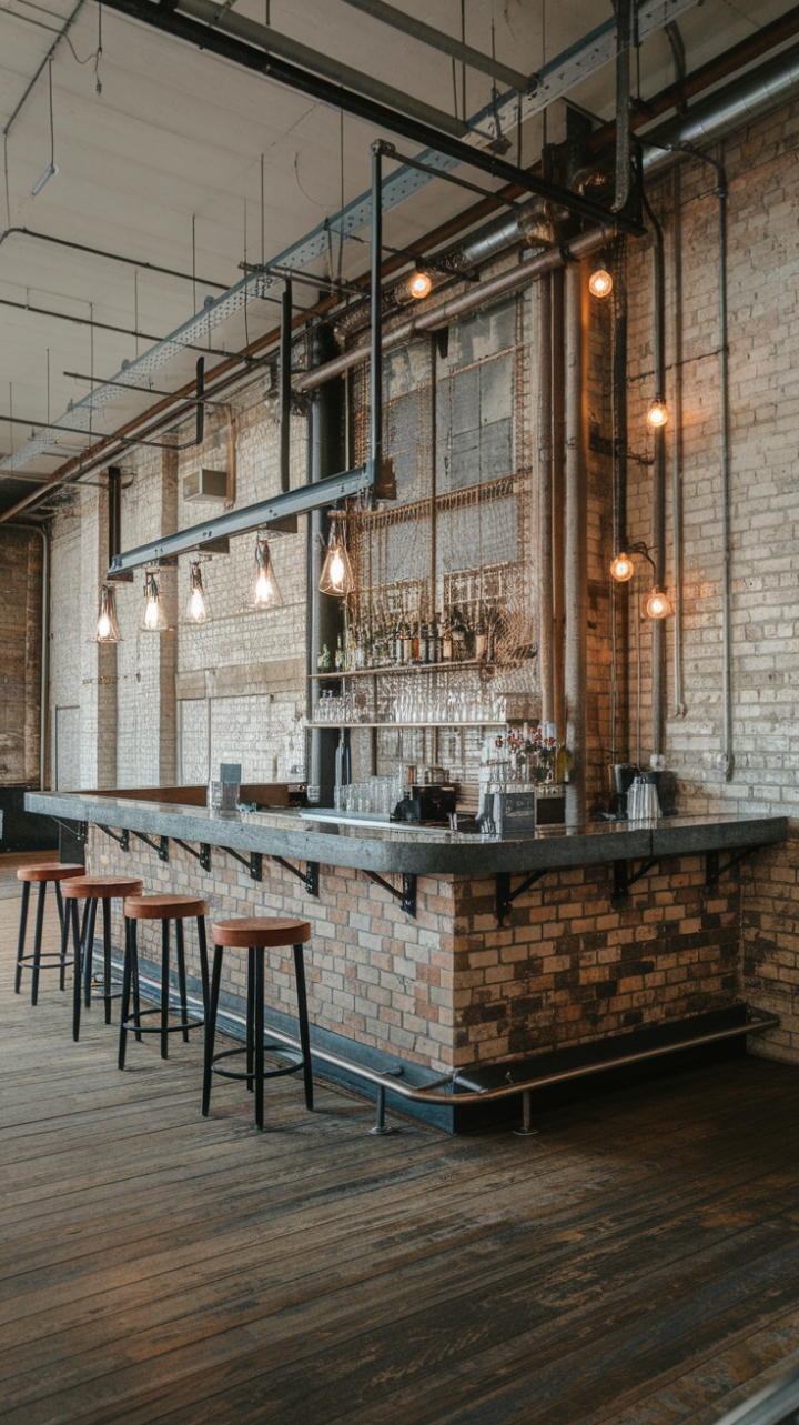 This loft-style bar is a study in contrasts: the warmth of reclaimed wood flooring softens the cool tones of exposed brick and metal, while vintage lighting casts a captivating glow on the minimalist urban decor. A perfect blend of industrial grit and sophisticated style.