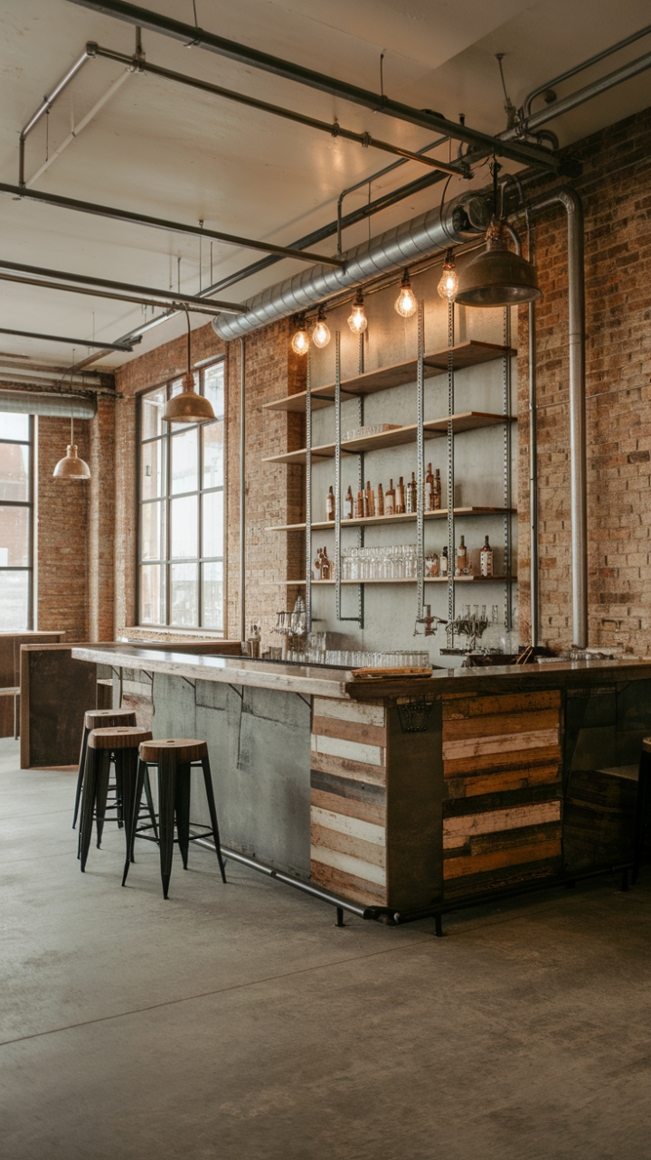 Raw urban grit meets refined industrial chic in this loft-style bar. Reclaimed wood, exposed brick, and vintage lighting create a space that's both masculine and inviting, perfect for hosting unforgettable gatherings. The minimalist aesthetic and concrete flooring complete the factory-inspired design, a testament to the beauty of imperfection.