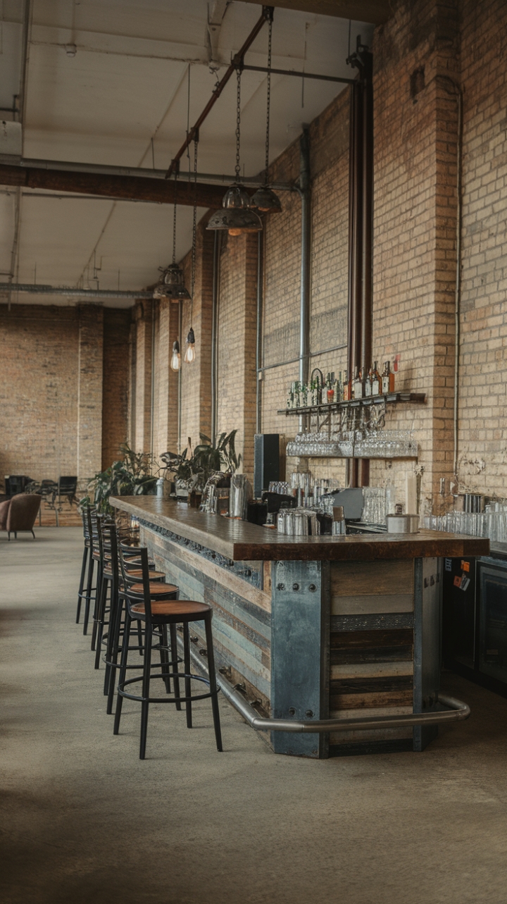 Ready to transform your space into an urban oasis? This industrial-chic bar, crafted from reclaimed wood and gleaming metal, is the perfect centerpiece for a minimalist loft. Exposed brick walls, vintage lighting, and a concrete floor complete the factory-inspired aesthetic, while a few strategically placed plants add a touch of organic warmth.