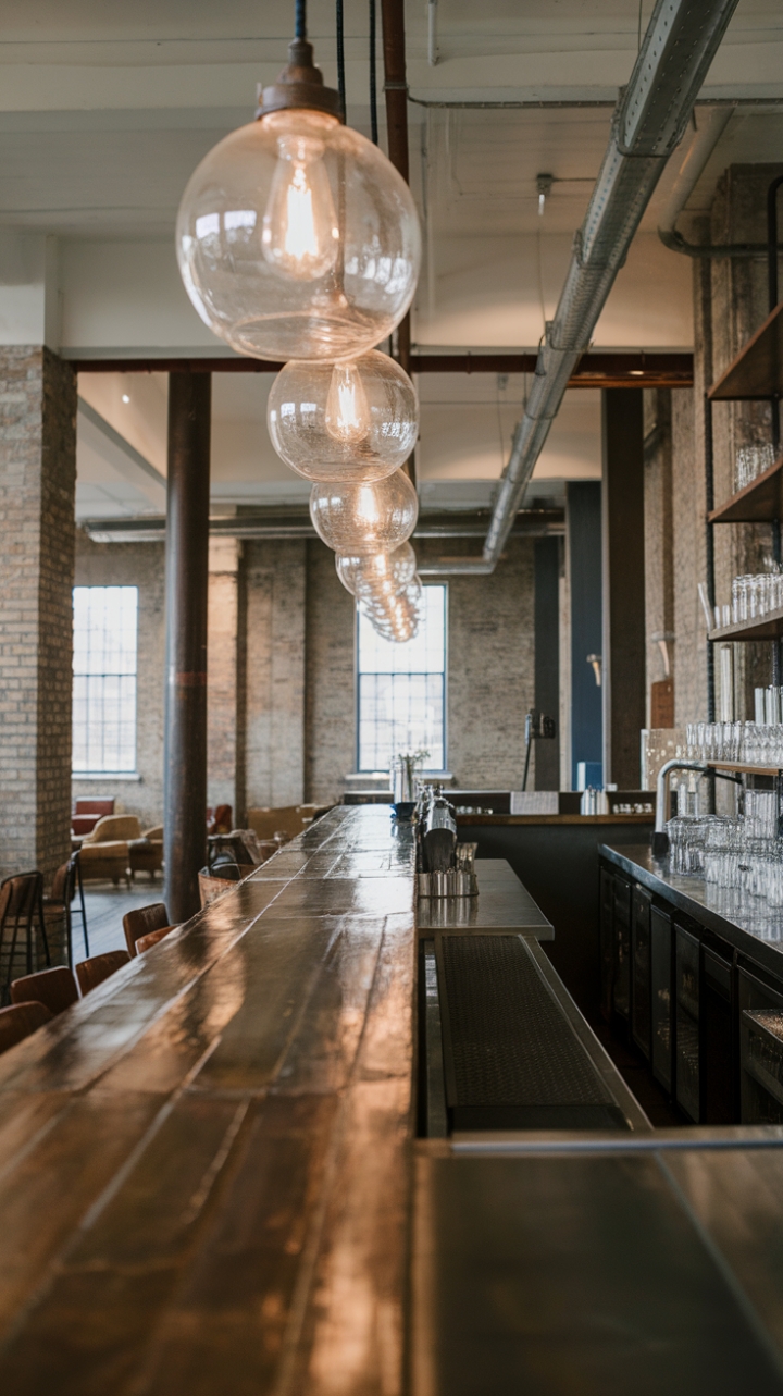 Exposed brick whispers tales of a bygone era, while a sleek reclaimed wood bar reigns supreme in this loft-style haven. Vintage glass globes illuminate the space, creating an atmosphere both rustic and refined. The perfect blend of industrial grit and minimalist grace.