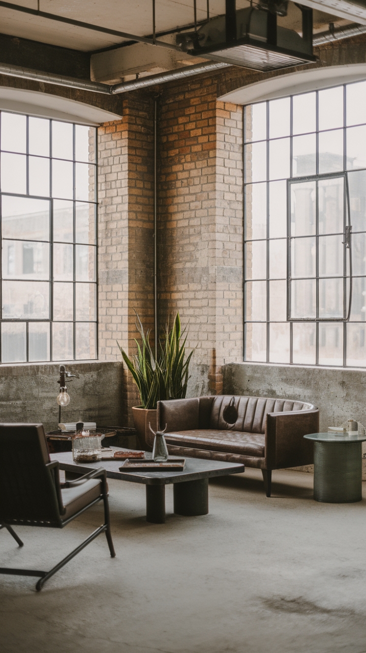 Concrete canyons meet cozy comfort. This industrial loft masterfully blends raw textures—exposed brick, metal accents, and concrete—with minimalist furniture and soft lighting, resulting in a space that's both strikingly modern and surprisingly warm.