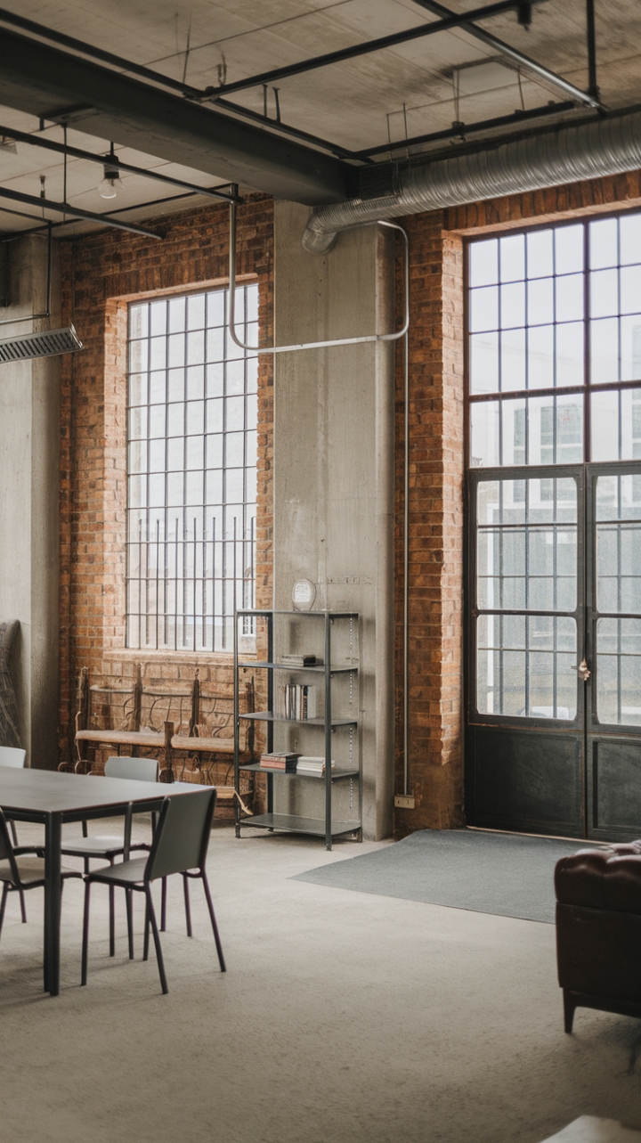 Raw urban grit meets refined minimalism in this breathtaking loft. Exposed brick, concrete floors, and vintage industrial fixtures create a captivating backdrop for sleek metal furniture and carefully curated accents. The large windows, framed by iron bars, flood the space with natural light, highlighting the perfect blend of industrial edge and modern sophistication.