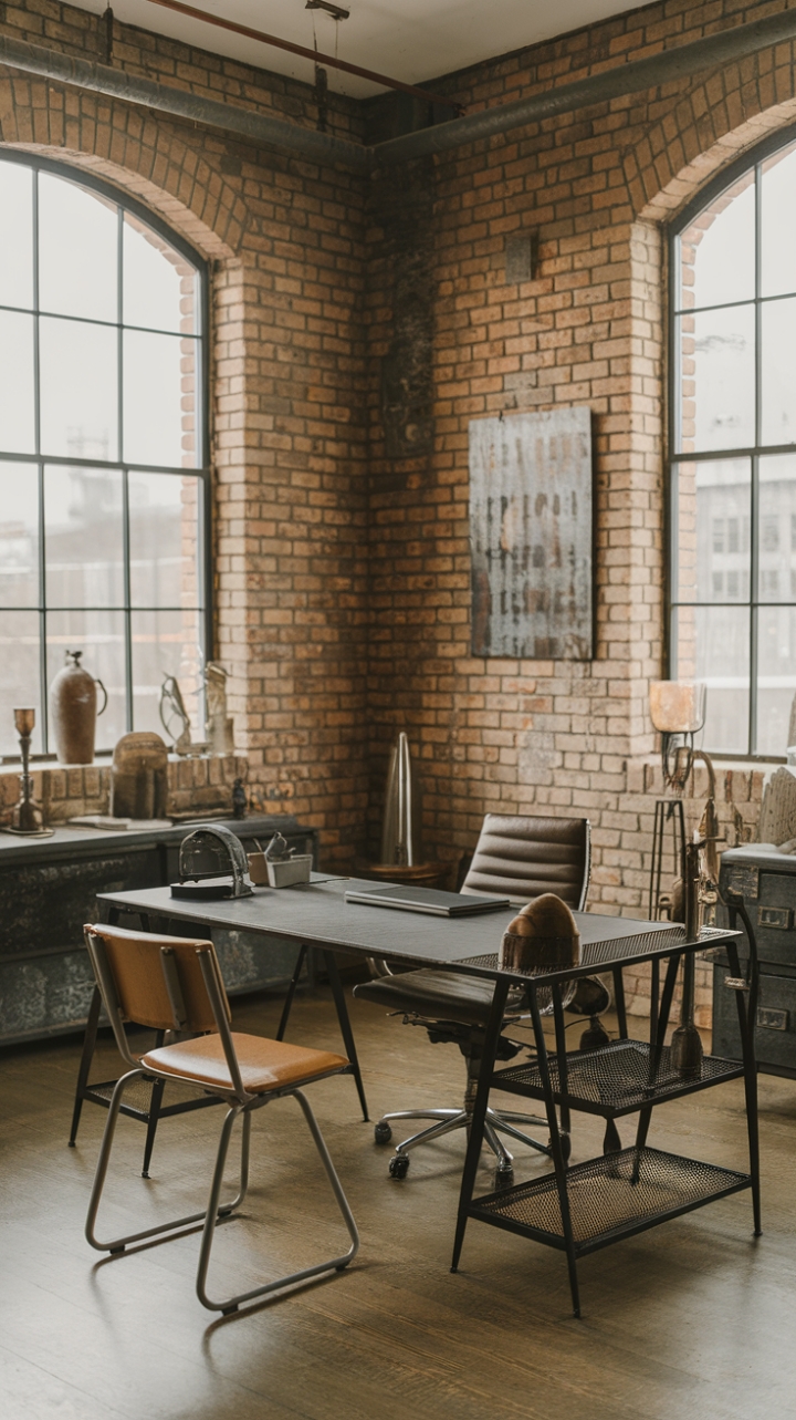 Ready to rethink your workspace? This loft office's exposed brick, minimalist metal furniture, and vintage industrial touches create a haven of raw, refined style. The perfect blend of edgy and elegant.