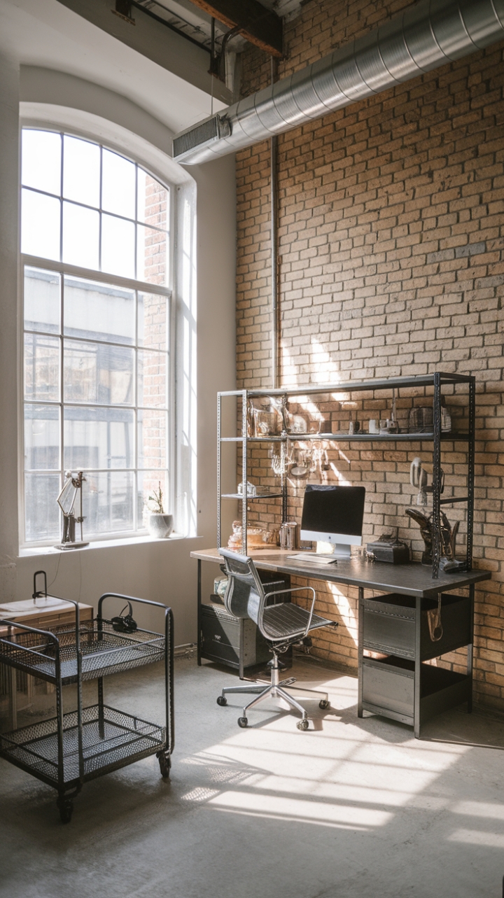 Craving a workspace that's as bold as it is beautiful? This modern industrial loft office boasts high ceilings, abundant natural light, and the perfect blend of raw brick and sleek metal. A vintage industrial cart adds a touch of character, while the minimalist design keeps the focus where it belongs: on your work and your creativity.