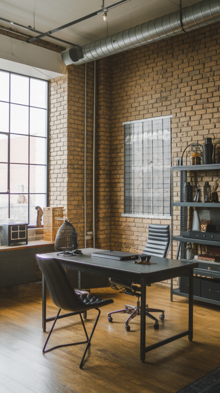 Ready to rethink your workspace? This industrial loft office, bathed in natural light and boasting exposed brick and sleek metal accents, is the perfect blend of raw texture and modern minimalism. The vintage industrial details add a touch of character, creating a space that's both inspiring and incredibly stylish.