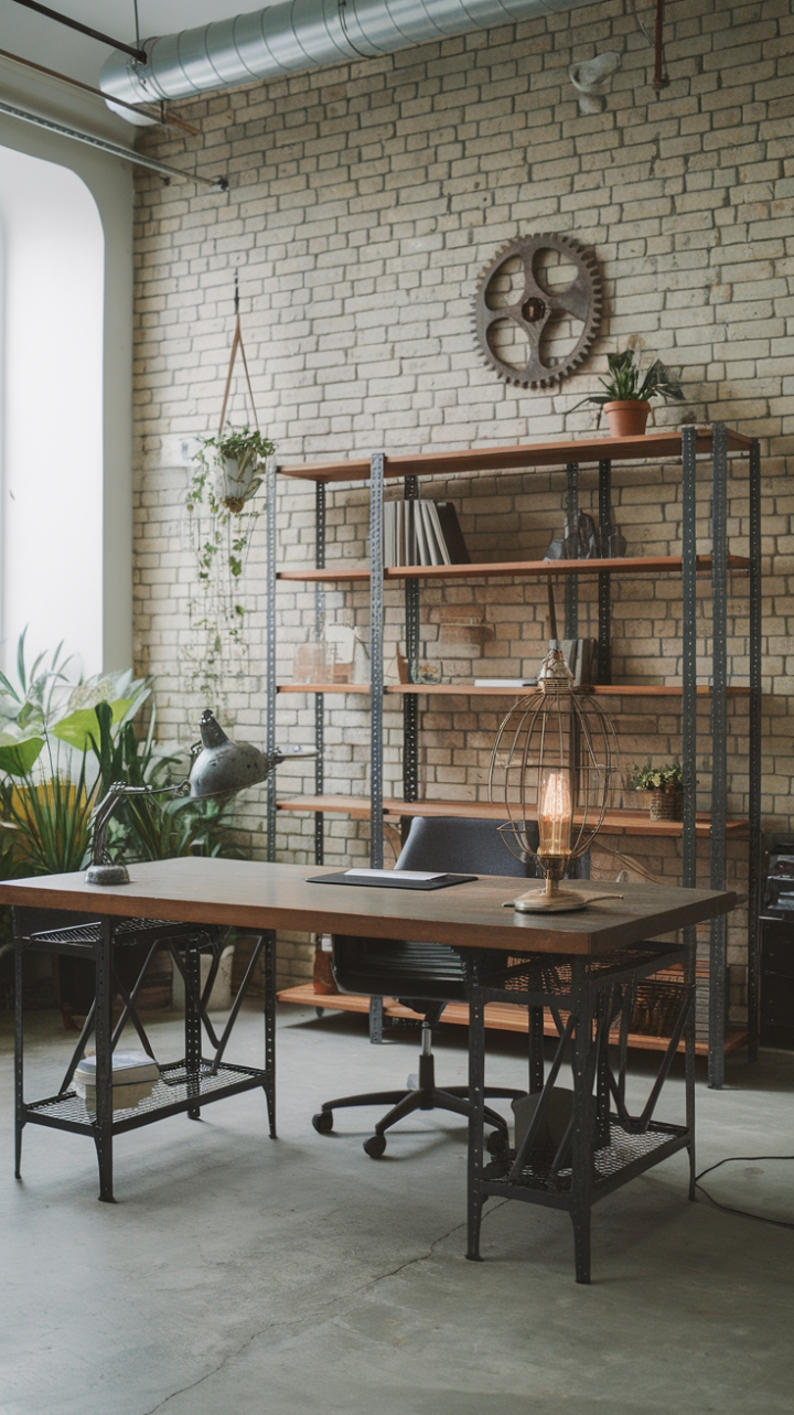Unleash your inner innovator in this raw, refined loft office. Exposed brick, a concrete canvas, and vintage industrial accents—like that showstopping gear—create a workspace as inspiring as it is functional. The large wooden desk anchors the space, while pops of greenery soften the industrial edge.