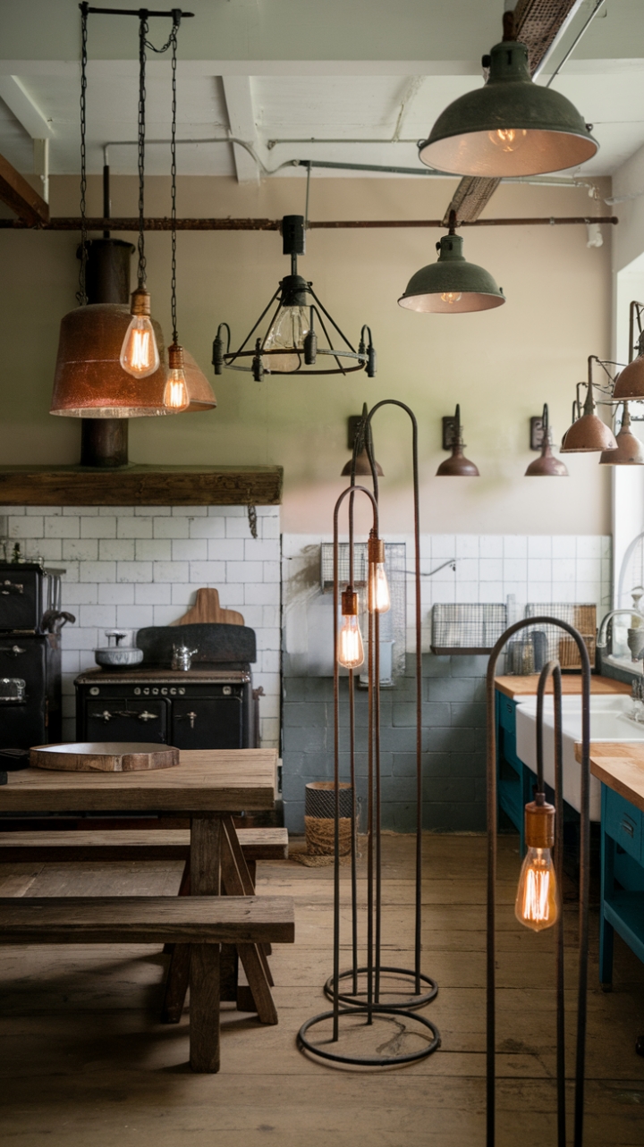 Rustic charm meets industrial edge in this breathtaking farmhouse. Vintage pendant lights cast a warm glow over a weathered wooden table, while a farmhouse chandelier adds a touch of elegance above the stove. Reclaimed metal lamps stand sentinel, their aged surfaces whispering tales of bygone eras, under the watchful gaze of warehouse-style ceiling lights. Distressed metal sconces and barn pendant lighting complete the look, all illuminated by the soft, inviting glow of antique industrial bulbs.