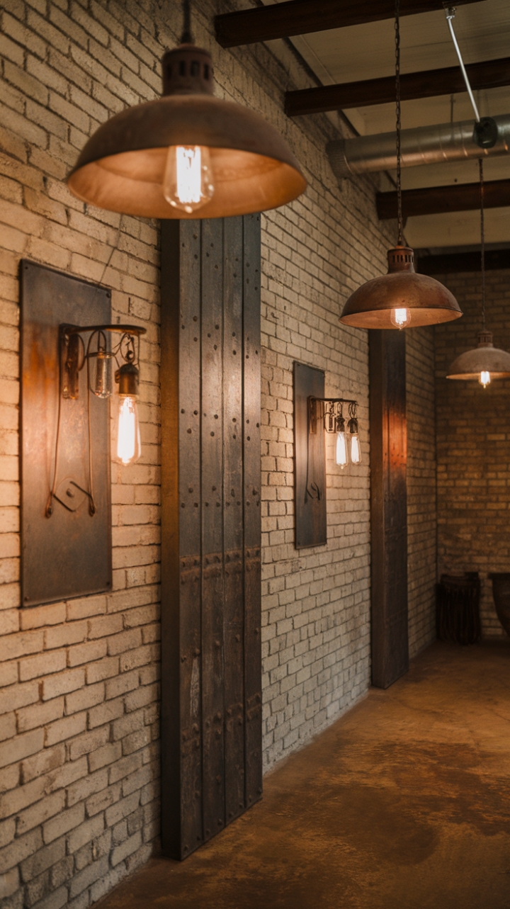 Rustic charm meets industrial edge in this vintage farmhouse, where reclaimed metal pendant lights and sconces cast a warm glow against exposed brick walls. Antique bulbs add a touch of vintage authenticity, creating an inviting and uniquely stylish space.