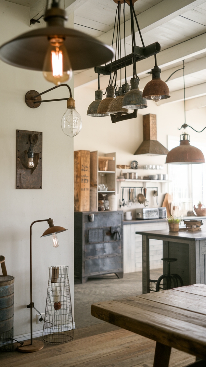 Imagine the warm, inviting glow of this rustic farmhouse, bathed in the soft light of thoughtfully chosen industrial fixtures. A vintage pendant hangs above a worn wooden table, while a farmhouse chandelier adds a touch of refined rusticity. Reclaimed metal and distressed finishes create a captivating blend of textures, culminating in a space that's both beautifully lived-in and utterly stylish. The carefully curated lighting is the perfect finishing touch, adding character and warmth to every corner.
