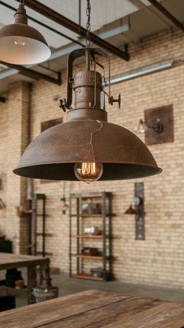 Raw texture meets refined industrial chic. A distressed metal pendant, brimming with character, casts a warm glow over a rustic wooden table, setting the scene in this warehouse-inspired haven. The exposed brick and vintage lighting fixtures complete the look, a testament to reclaimed beauty and timeless design.