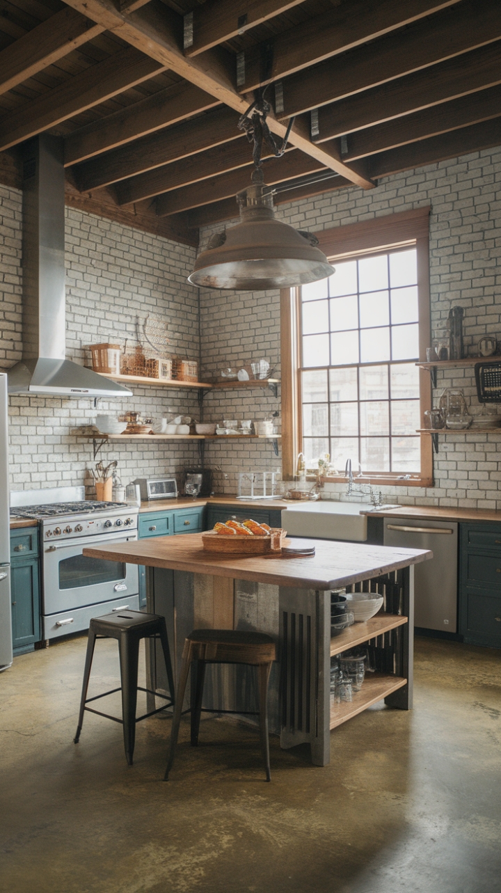 Imagine waking up to this view every morning! This industrial farmhouse kitchen is a masterpiece of rustic design. Exposed brick walls, a wood-beamed ceiling, and a magnificent vintage light fixture set the stage for a space that's both functional and utterly captivating. Reclaimed wood countertops and concrete floors add to the home's raw, yet refined aesthetic. The perfect blend of old-world charm and modern convenience.