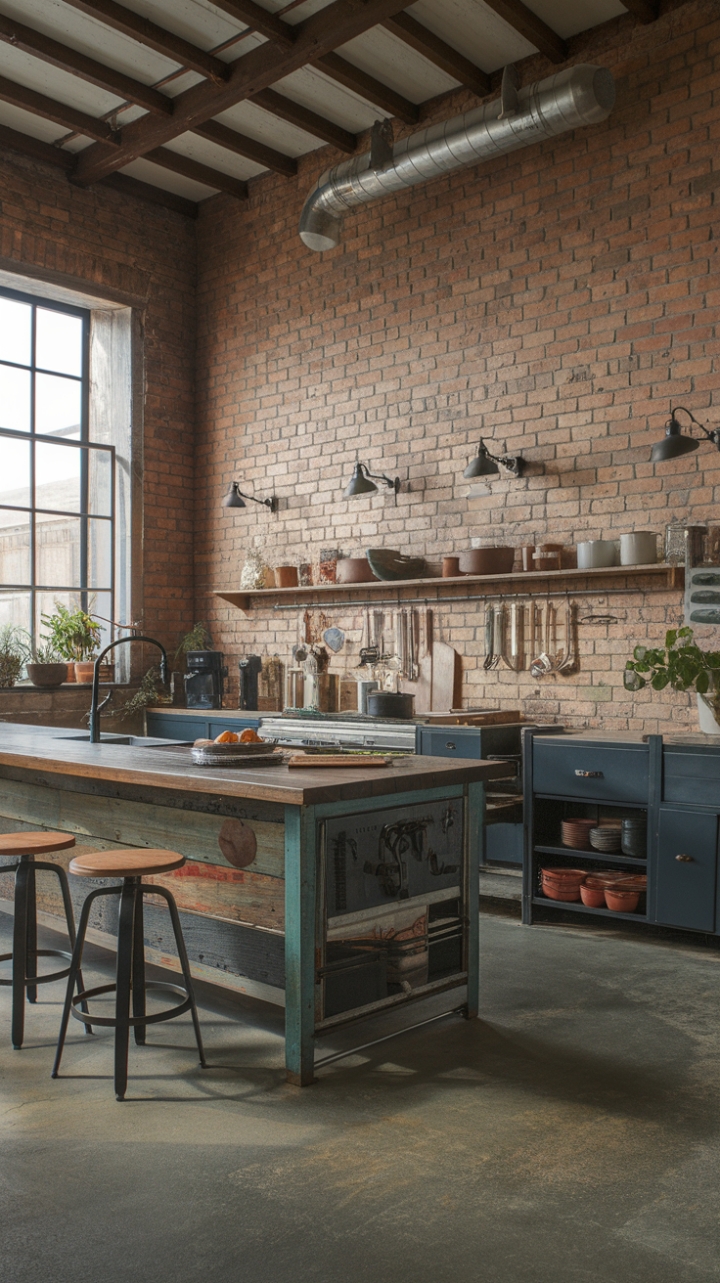 Ready to fall in love with the charm of rustic-industrial design? This farmhouse kitchen boasts a breathtaking open concept, showcasing a reclaimed wood island perfect for casual gatherings, exposed brick walls whispering tales of history, and a concrete floor that grounds the space with raw authenticity. Vintage industrial accents and thoughtfully placed greenery complete the look.