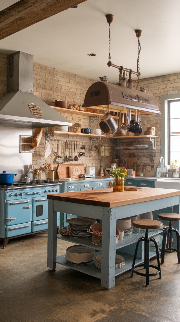 Rustic charm meets industrial edge in this breathtaking farmhouse kitchen. Reclaimed wood countertops and exposed brick walls create a captivating backdrop for a vintage stove and butcher block island, all illuminated by a striking industrial pendant light. The concrete floors and thoughtfully placed copper cookware add to the space's unique character, a testament to blending old-world warmth with modern functionality.