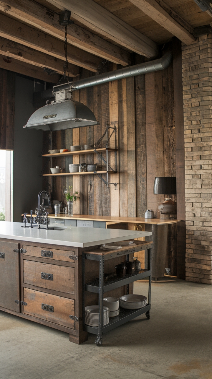 Ready to fall in love with a kitchen that seamlessly blends rustic charm and industrial edge? A reclaimed wood-clad haven features a generous island topped with crisp white, anchored by vintage industrial finds—think iron hardware and a metal shelving unit—all set against a backdrop of exposed brick. The concrete floor and a striking industrial pendant light complete this captivating space.