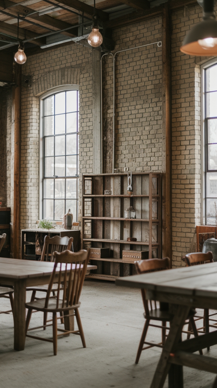 Exposed brick walls and reclaimed wood shelves set the stage for a captivating industrial farmhouse aesthetic. Vintage furniture, including a sturdy wooden table and chairs, adds character and comfort, while the warm lighting creates an inviting atmosphere perfect for cozy gatherings and cherished memories.
