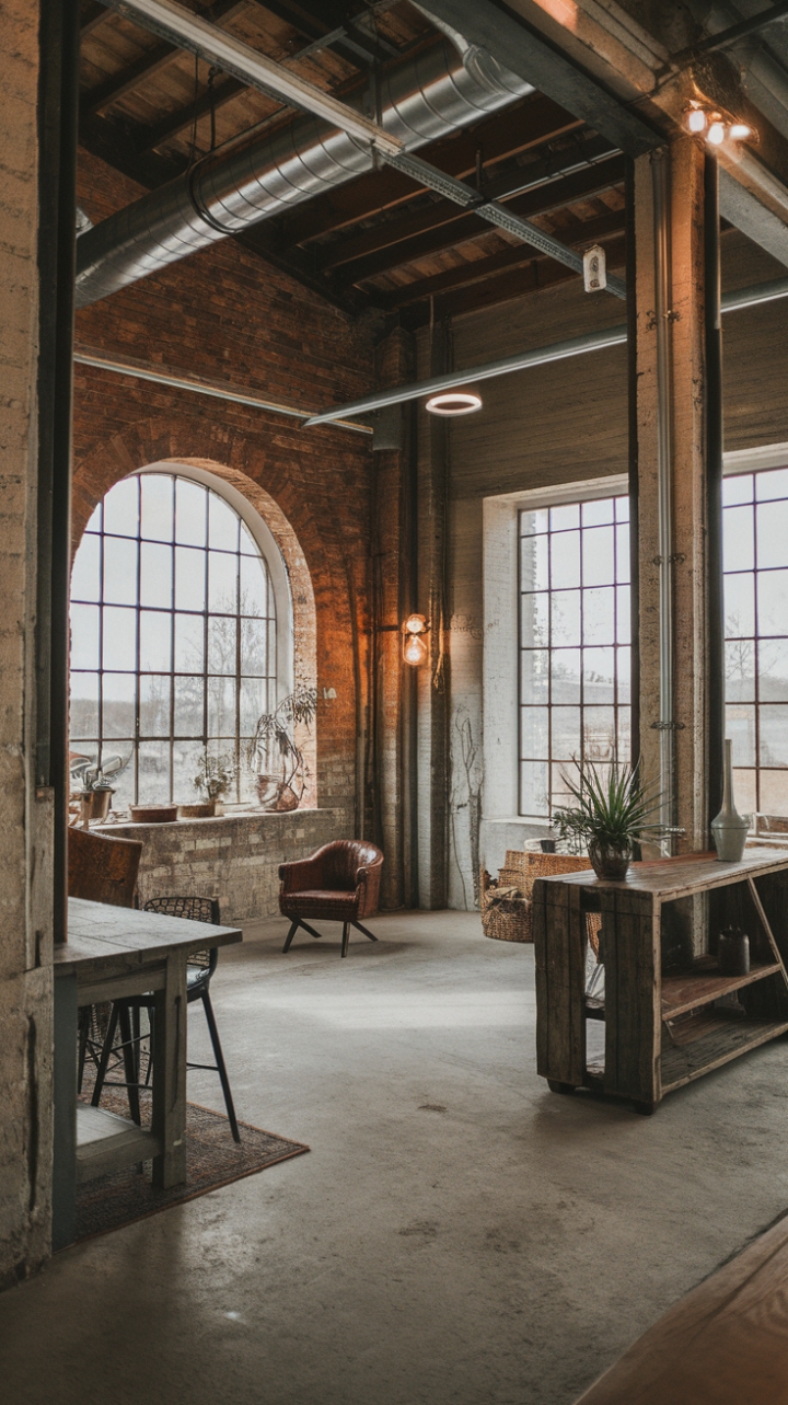 Raw, honest, and undeniably stylish, this industrial farmhouse showcases the beauty of imperfection. Reclaimed wood, vintage furniture, and exposed brick walls tell a story of time and craftsmanship, while industrial lighting and a concrete floor ground the space in contemporary cool. A sanctuary of rustic refinement.