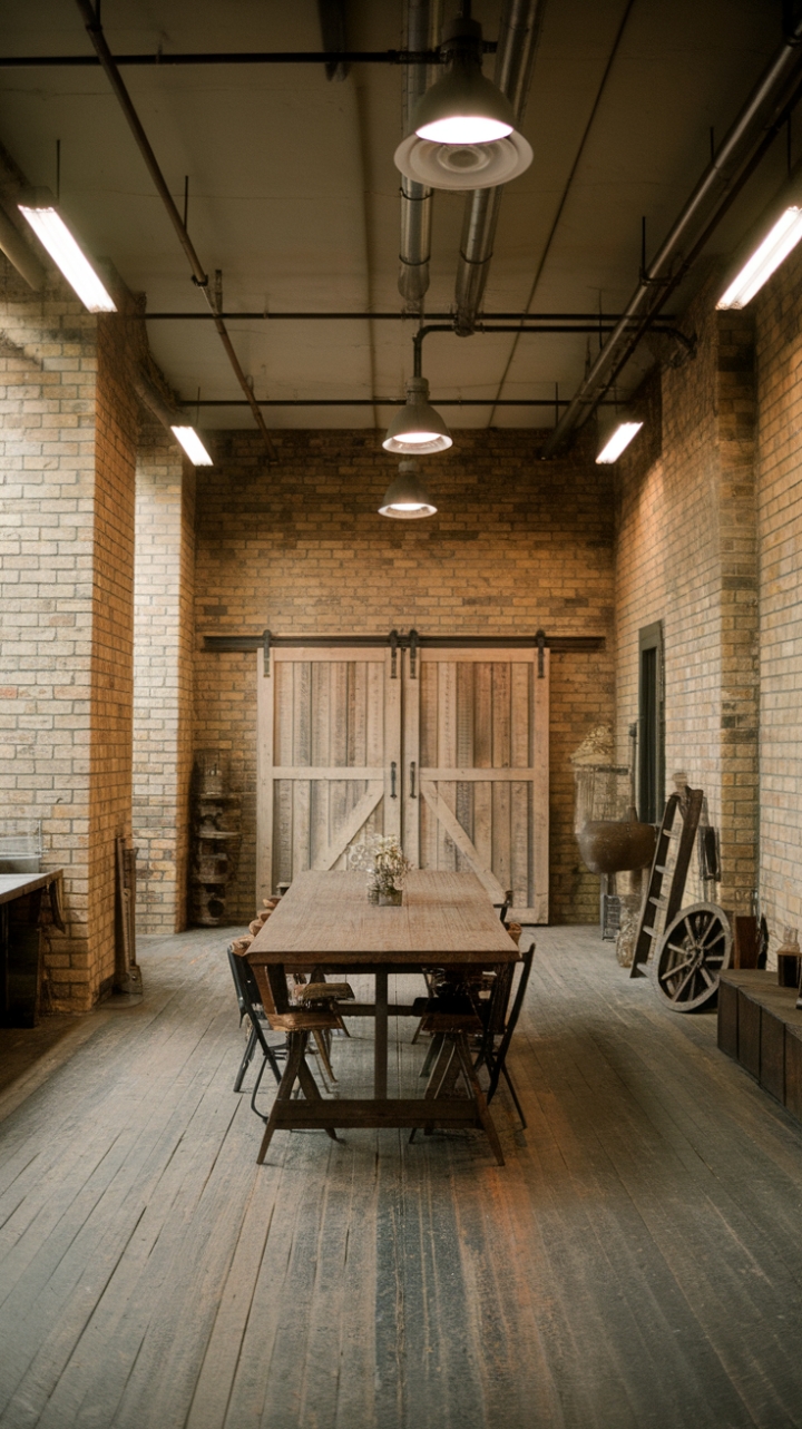 Imagine cozy evenings spent in this captivating industrial farmhouse. The exposed brick walls and reclaimed wood floors create a raw, inviting backdrop for a vintage industrial table and mismatched chairs. A collection of charming vintage pieces, including a ladder and wheel, adds to the space's unique character, while industrial lighting illuminates the rustic details. The barn-style door at the back adds a touch of unexpected elegance to this perfectly imperfect space.