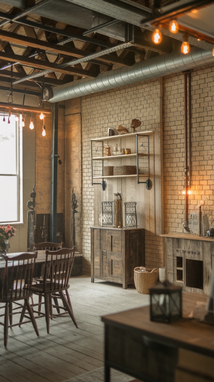 Ready to fall in love with rustic-industrial charm? This home seamlessly blends vintage furniture, reclaimed wood, and exposed brick for a space that's both cozy and captivating. The warm lighting highlights unique details like a pipe-inspired light fixture and a rustic dining table, creating an atmosphere of relaxed sophistication.