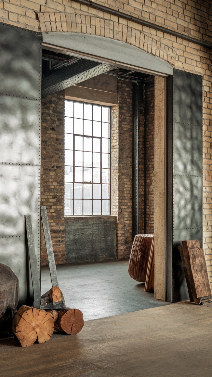 Imagine arriving home to this: a dramatic loft foyer, exposed brick walls gleaming under the light filtering through a warehouse-style window, the cool touch of concrete beneath your feet. The carefully placed wood and metal accents add a layer of texture and warmth, creating an industrial space that's surprisingly inviting.