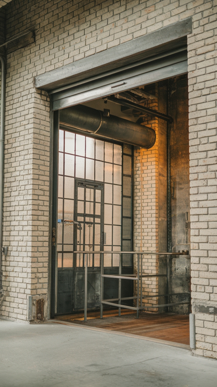Ready to trade beige for bold? This raw industrial entryway, with its exposed brick, metallic accents, and warehouse-chic doorway, is a masterclass in urban style. The concrete floor and metal railing complete the look, creating a space that's both strikingly modern and undeniably cool.