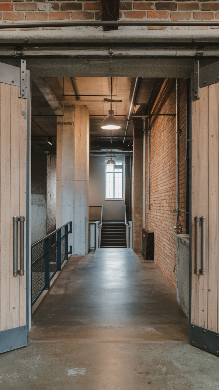 Raw industrial chic meets urban sophistication. This hallway's exposed brick and concrete whisper stories of the past, while metallic accents and a grand wooden door add a touch of modern luxury. Sunlight streams in, illuminating the space's inherent beauty and highlighting the interplay of textures. The journey to the upper level promises more of this captivating design.