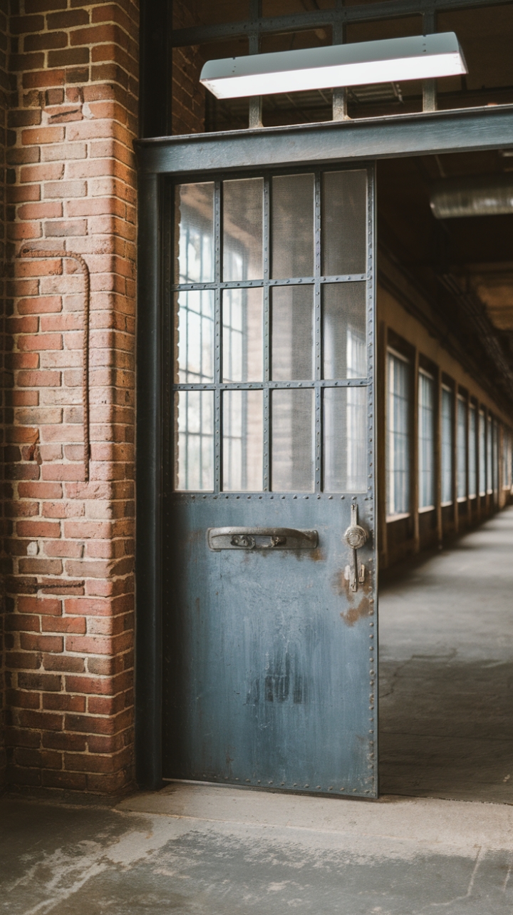This industrial-style entryway is a masterclass in understated elegance. The aged brick wall, punctuated by the occasional nail, adds character and depth, while the minimalist metal door provides a striking contrast. The concrete floor grounds the space, creating a sense of raw, authentic beauty. A glimpse down the hallway hints at the stylish surprises that await within.