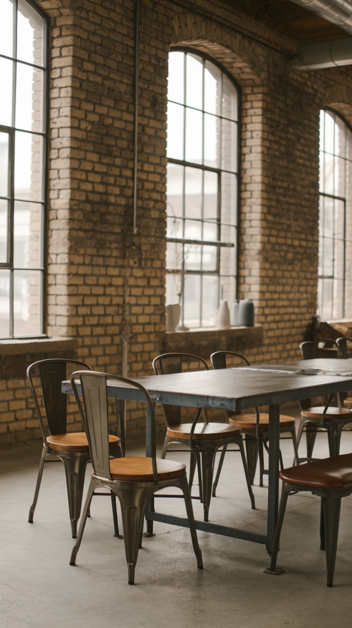 Raw urban grit meets refined industrial chic in this breathtaking loft dining space. Exposed brick whispers stories of the past, while sleek metal and vintage wood create a captivating contrast. The high ceilings and expansive windows flood the room with light, showcasing the unique blend of textures and styles.