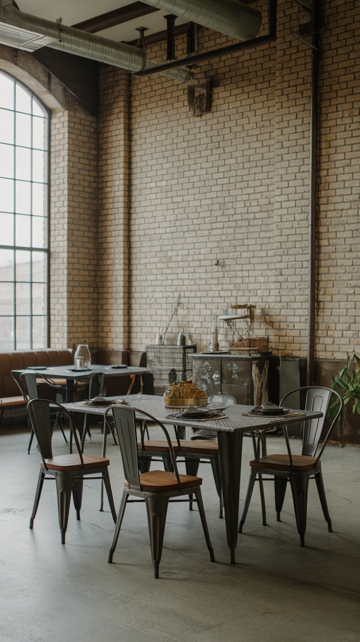 This urban loft's dining area is a masterclass in industrial design. High ceilings and exposed brick lend a dramatic air, while a vintage metal and wood dining set adds a touch of rustic warmth. The space is a perfect blend of raw texture and sophisticated style, ideal for both intimate gatherings and grand celebrations.