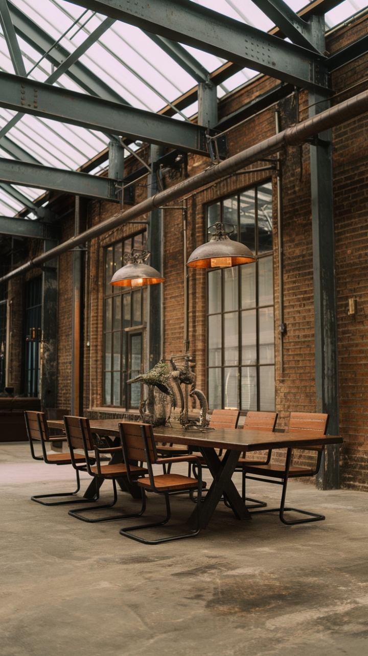 This vintage industrial dining room is a masterclass in urban sophistication. High ceilings showcase exposed brick and metal beams, while a rustic wooden table anchors the space. The concrete floor and vintage chairs with metal accents add a touch of rugged elegance, creating a dining experience that's both stylish and undeniably cool. The carefully chosen industrial lighting fixtures complete the look, casting a warm, inviting glow.