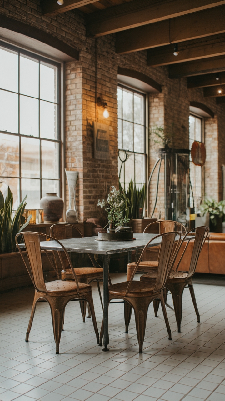 Raw urban grit meets refined industrial chic in this loft dining space. Exposed brick, weathered wood beams, and a striking metal table set the stage, while vintage chairs and lush greenery add unexpected warmth and personality. The result? A captivating blend of textures and styles that's both edgy and inviting.