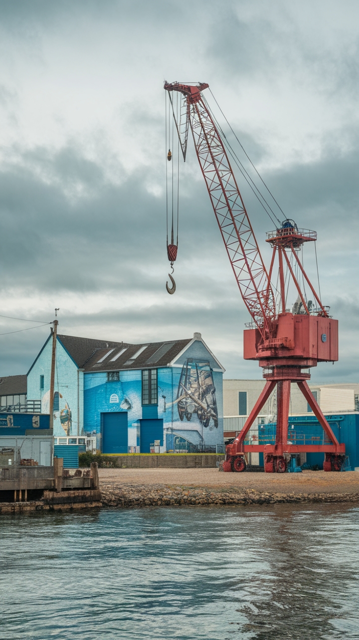 Ready to bring the rugged charm of the coast into your home? A colossal red crane, poised against a brooding sky, anchors this scene of industrial-chic maritime magic. Gravel crunches beneath your feet as you imagine the salty air and the distant cries of gulls. Nautical murals whisper tales of seafaring adventures on nearby buildings, creating a captivating backdrop for this uniquely textured space.