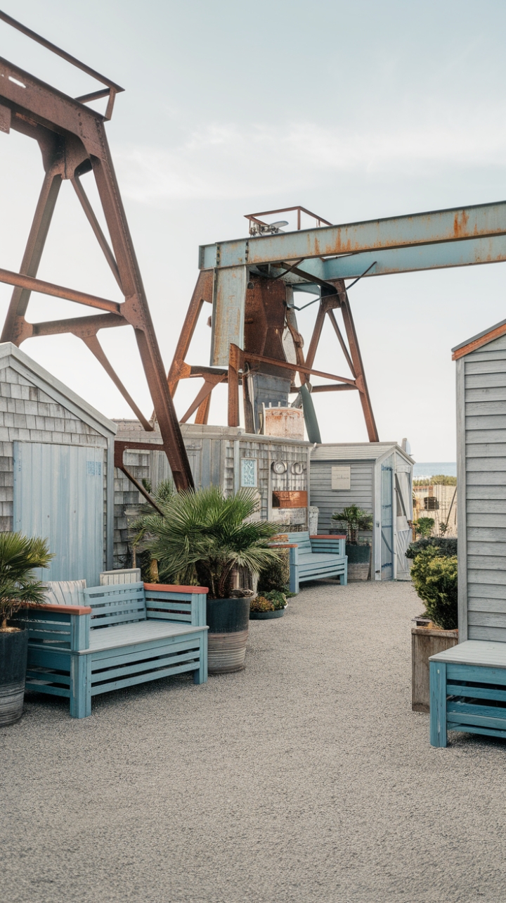 Ready to dive into a design that's as captivating as the open sea? Imagine raw, rusted metal juxtaposed with the warmth of reclaimed wood, all under the watchful eye of potted greenery thriving amidst a gravel floor. This coastal industrial haven masterfully blends maritime grit with unexpected organic charm, creating a space that's both ruggedly handsome and surprisingly serene.