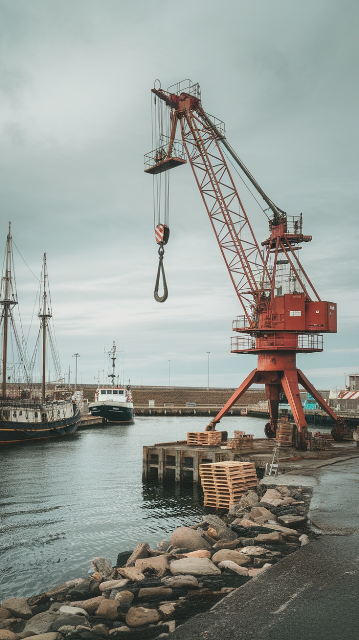 A symphony of textures and tones. Imagine the salty air, the creak of the crane, the whisper of the waves. This dramatic composition, featuring a majestic red crane overlooking a bustling harbor, masterfully blends industrial strength with coastal serenity, creating a space that's both powerfully evocative and exquisitely stylish.