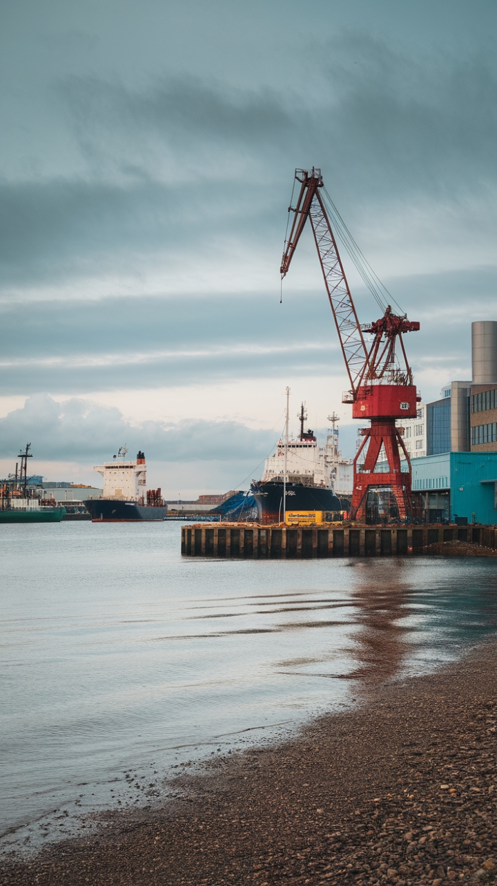 Where industrial strength meets nautical grace. This breathtaking image captures the raw beauty of a coastal landscape, showcasing a dramatic red crane against a backdrop of bustling ships and a subtly modern cityscape. The interplay of textures—from the smooth water to the rough pebbles—and the muted color palette create a scene both powerful and serene. A stunning visual testament to the allure of coastal industrial design.