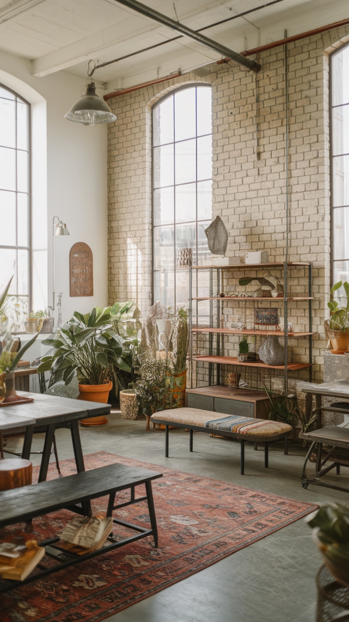 Ready to infuse your space with raw, rustic charm? This boho-industrial haven boasts soaring ceilings, sun-drenched warmth, and a captivating blend of reclaimed wood and metallic accents. Vintage finds mingle effortlessly with modern touches, creating a space that's both lived-in and utterly chic. Exposed brick walls add texture, while a richly patterned rug grounds the eclectic mix of furniture and lush greenery.