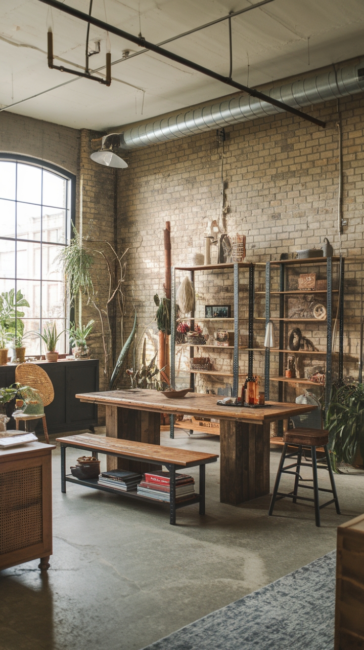 Ready to infuse your space with raw, captivating charm? This bohemian industrial haven, brimming with reclaimed wood, exposed brick, and a touch of vintage whimsy, is a masterclass in eclectic design. The high ceilings and concrete floors create an expansive canvas for a curated collection of rustic furniture and metal accents, all punctuated by lush greenery. A symphony of textures and tones awaits, promising a space as unique as you are.