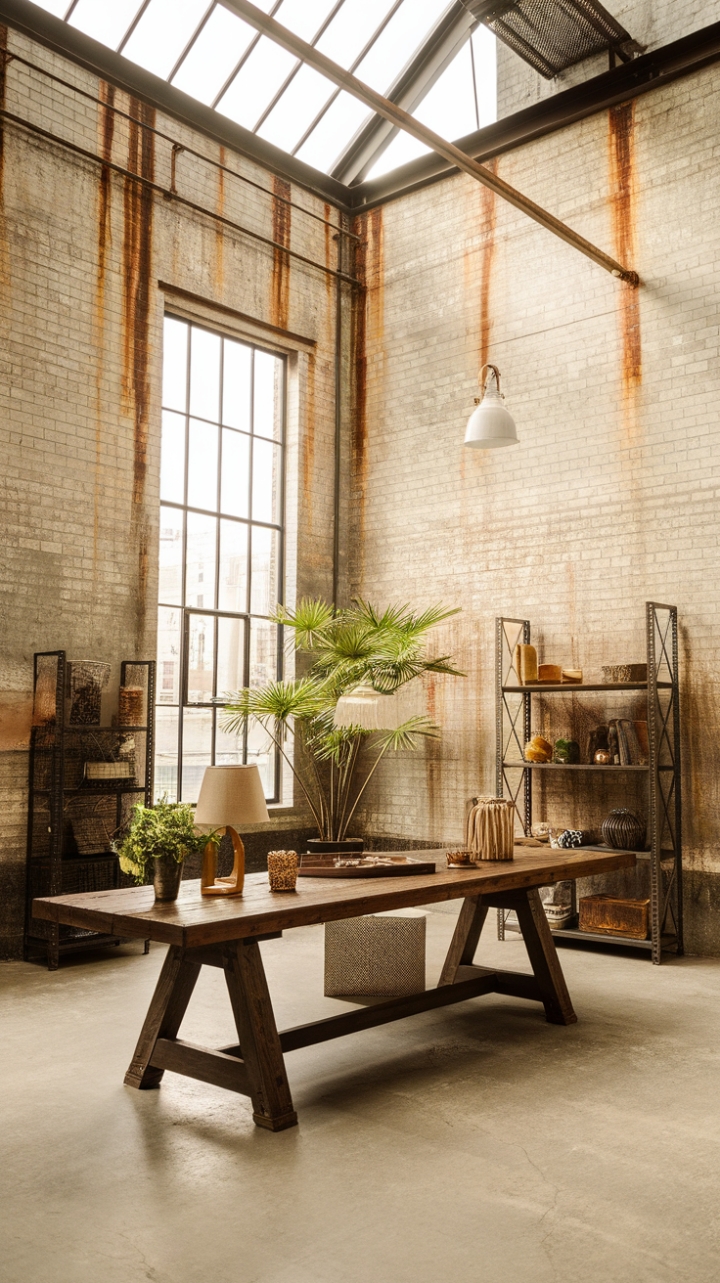 Sun-drenched brick walls, a rustic wooden table laden with treasures, and the soft glow of a pendant light—this boho industrial haven is a masterclass in eclectic charm. The high ceilings and concrete floors only amplify the space's raw, inviting beauty.
