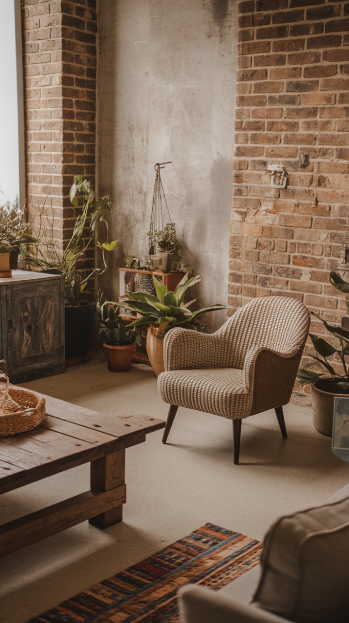 Ready to infuse your living space with raw, rustic charm? A vintage armchair, woven with texture and history, nestles beside a rustic wooden coffee table, all grounded by a concrete floor and exposed brick walls. Potted plants and carefully chosen accents add warmth, creating a bohemian industrial haven that's both stylish and inviting.