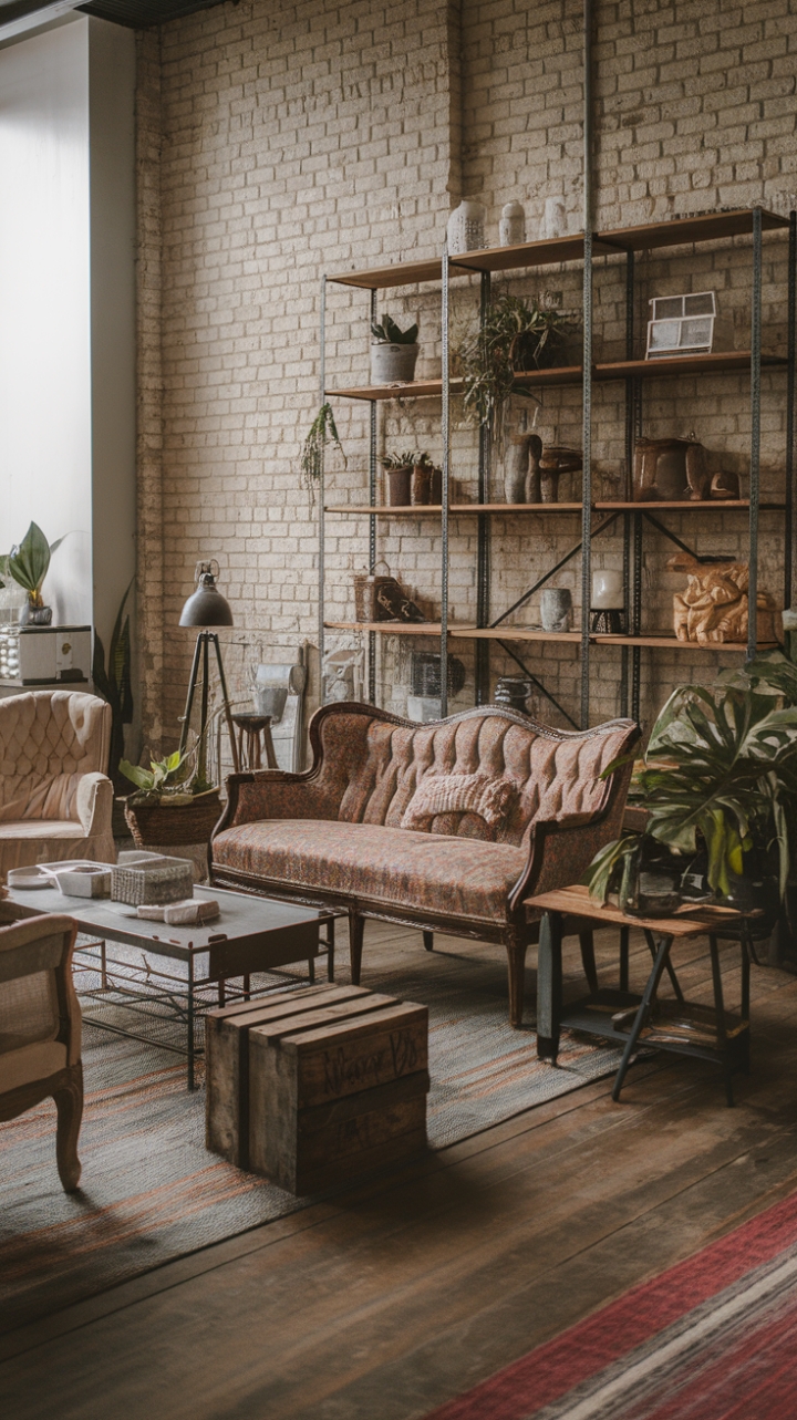 Craving a living room that's as unique as you are? This eclectic space masterfully blends boho vibes with industrial grit. A patterned vintage sofa anchors the room, its character enhanced by mismatched chairs and a rustic coffee table. Exposed brick, a metal shelf showcasing verdant plants, and textured textiles create a layered, urban-chic aesthetic. The blend of modern lighting and rustic accents—like a wooden crate and lantern—perfectly captures the spirit of relaxed sophistication.