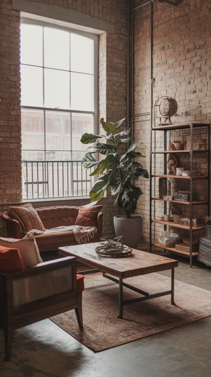 Ready to infuse your living space with raw, urban charm? This boho-industrial haven boasts exposed brick, a vintage sofa brimming with character, and a symphony of textures—from rustic wood to cool metal—all anchored by a sprawling, leafy green friend. The concrete floor and large window add an airy, modern touch.