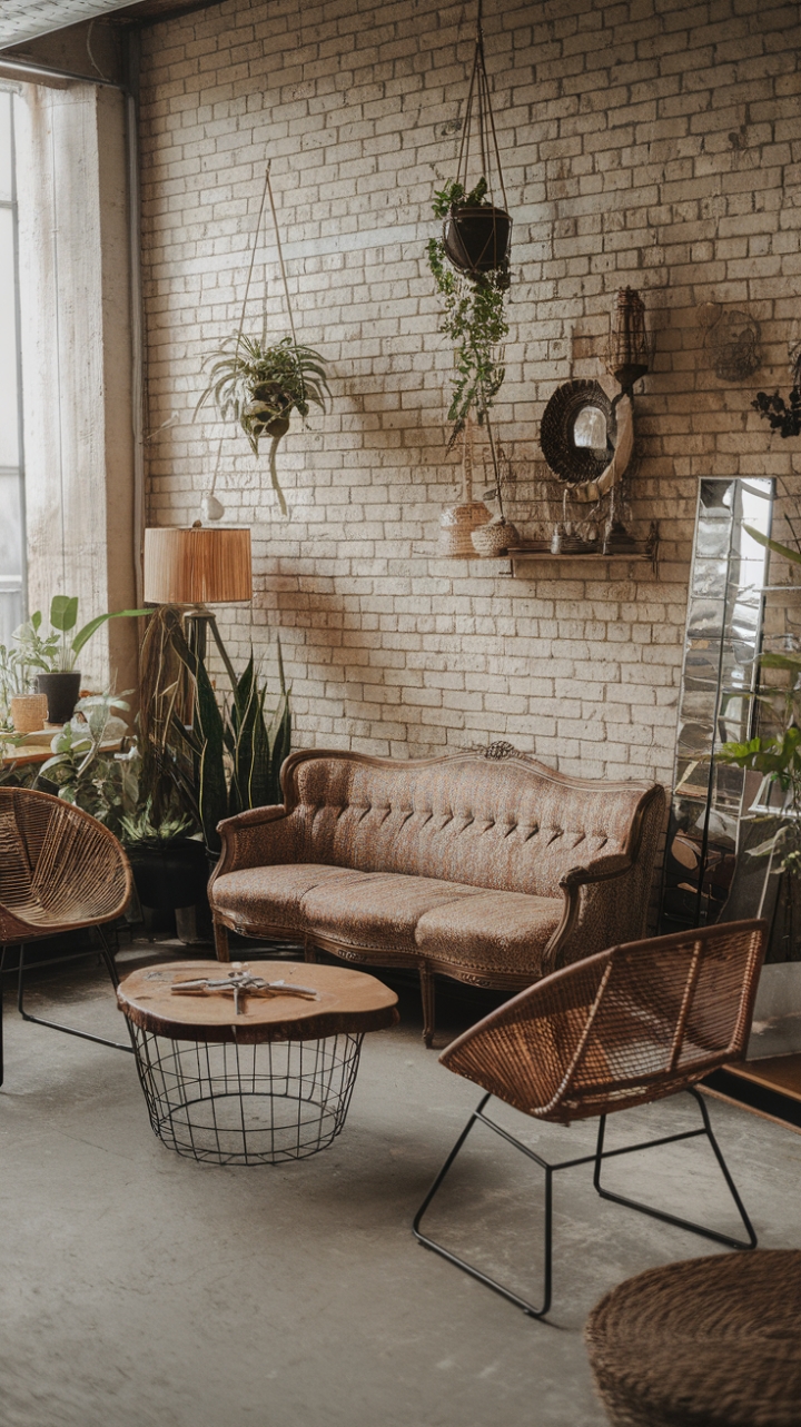 Raw brick walls meet bohemian soul in this eclectic living room. A vintage couch, rustic chairs, and a wire-frame coffee table create a captivating blend of industrial grit and handcrafted charm. Hanging and potted plants breathe life into the space, while decorative accents add personality to this concrete-floored haven.