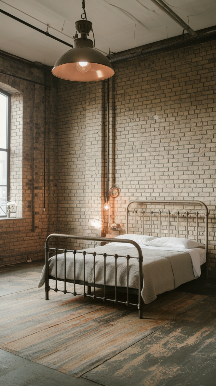 Raw urban grit meets refined minimalism in this industrial loft bedroom. Exposed brick, a vintage pendant light, and a sleek metal bed frame create a space that's both edgy and inviting. The distressed floor adds character, while the minimalist decor keeps the focus on the room's inherent beauty.